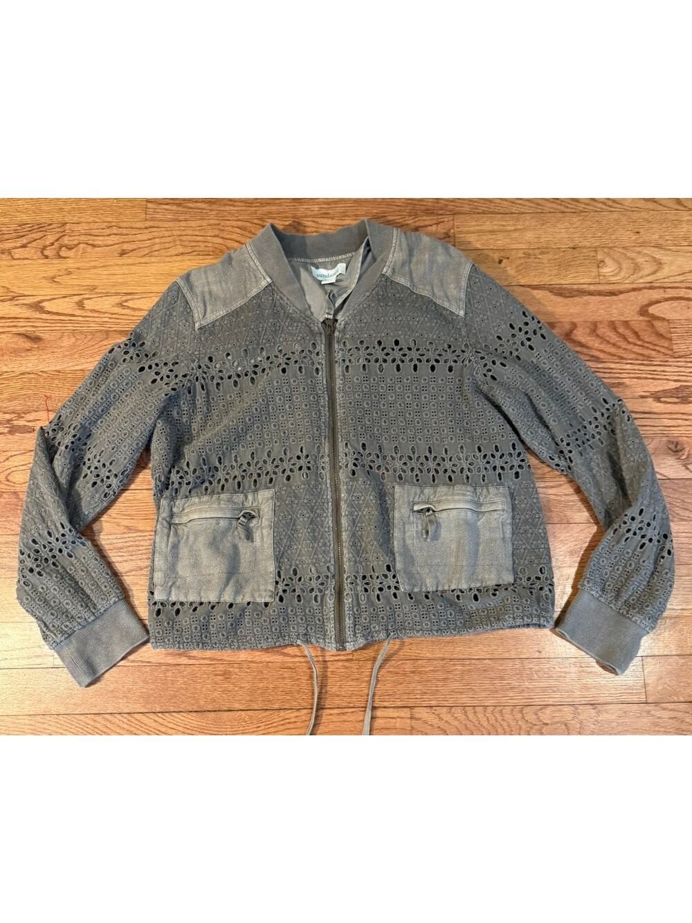 Sundance Gray Eyelet Zip Front Jacket Boho Utility Style Size M